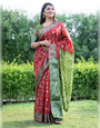 Parrot Green And Red Bandhej Silk With Printed And Zari Weaving Work