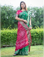Pink & Green Bandhej Silk Saree With Printed & Zari Weaving Work