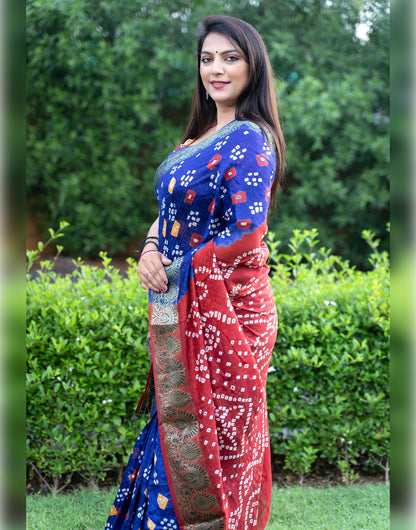 Navy Blue & Red Bandhej Silk With Printed & Zari Weaving Work