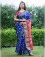Navy Blue & Red Bandhej Silk With Printed & Zari Weaving Work