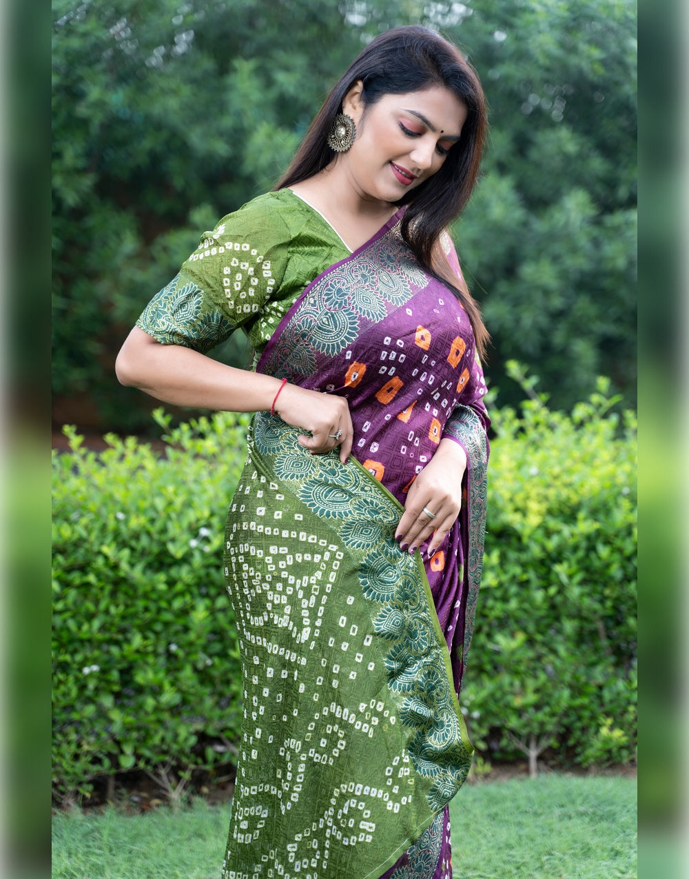 Purple &  Mahendi Green Bandhej Silk With Printed And Zari Weaving Work
