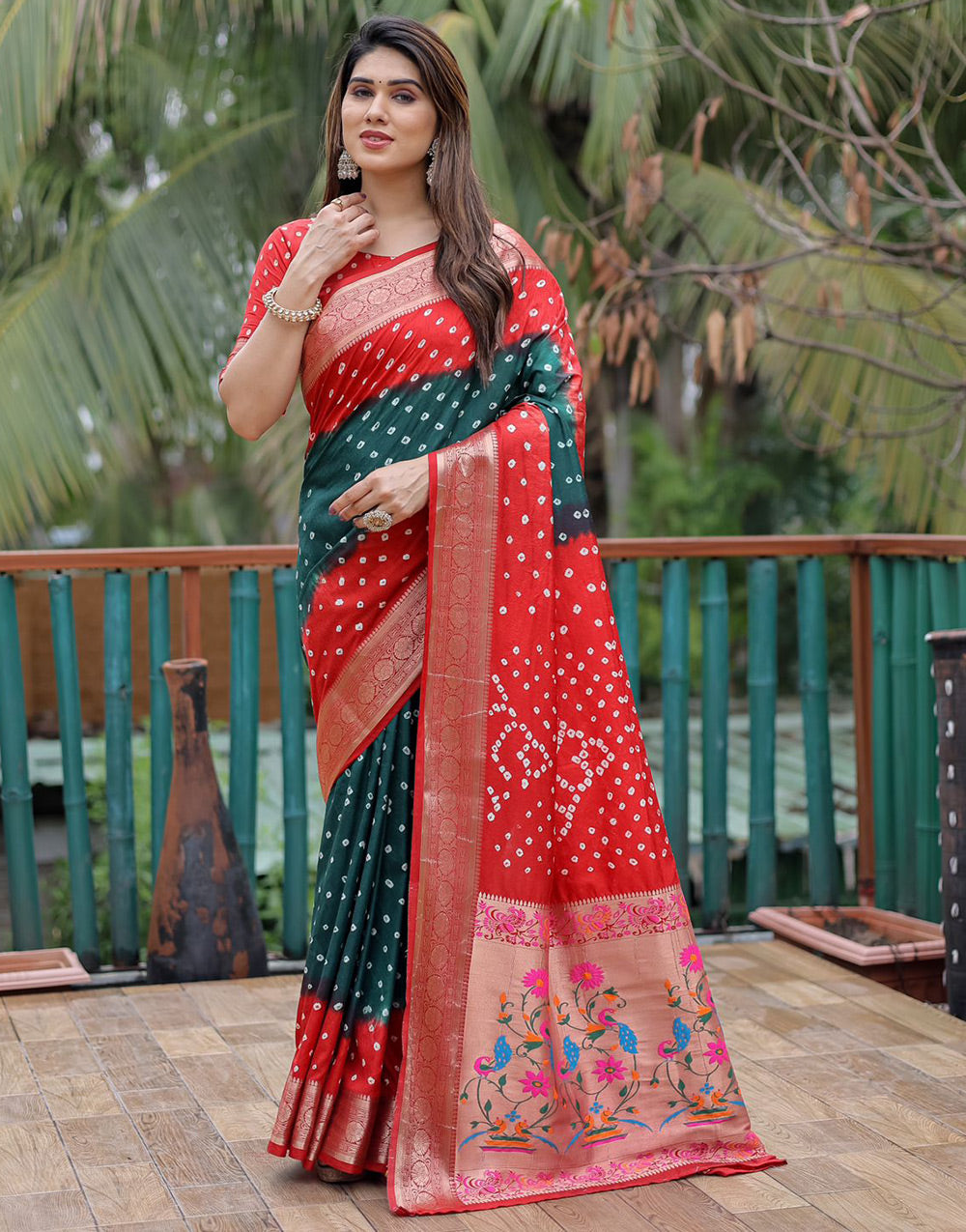 Dark Green & Red Soft Dola Silk With Weaving Border & Paithani Pallu
