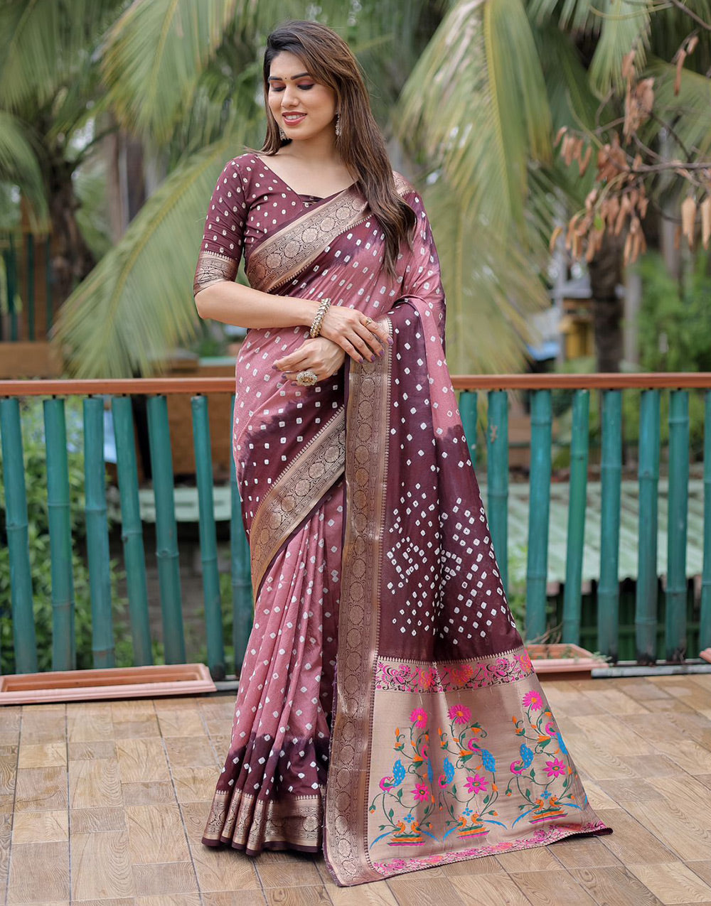 Flamingo Pink & Brown Soft Dola Silk With Weaving Border & Paithani Pallu