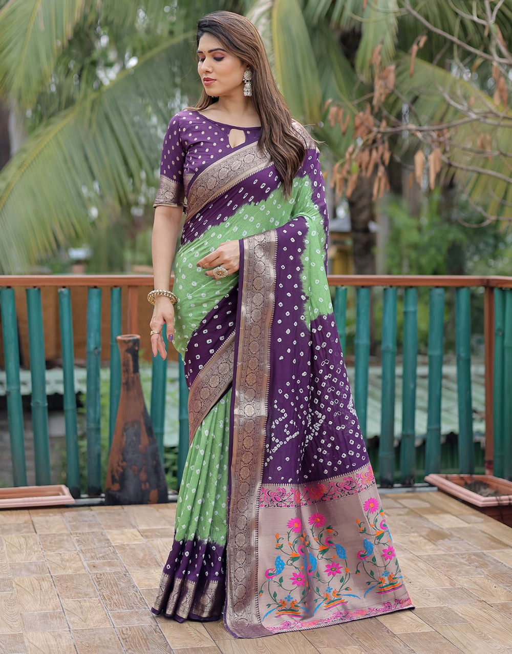 Mint Green & Purple Soft Dola Silk With Weaving Border & Paithani Pallu