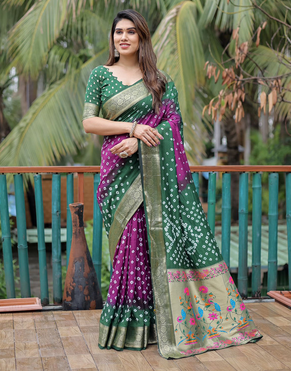 Purple & Green Soft Dola Silk With Weaving Border & Paithani Pallu