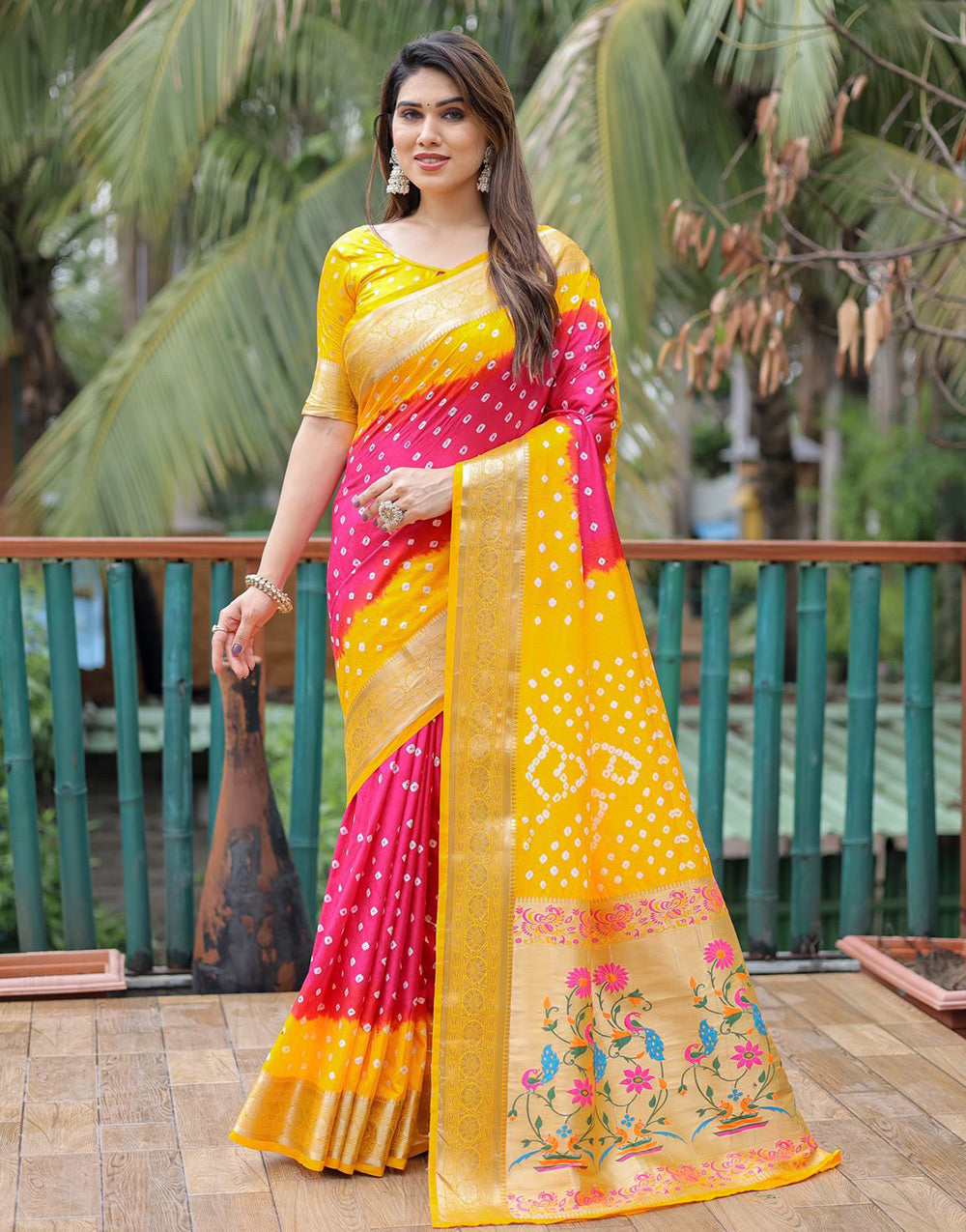 Red & Yellow Soft Dola Silk Bandhani With Weaving Border & Paithani Pallu