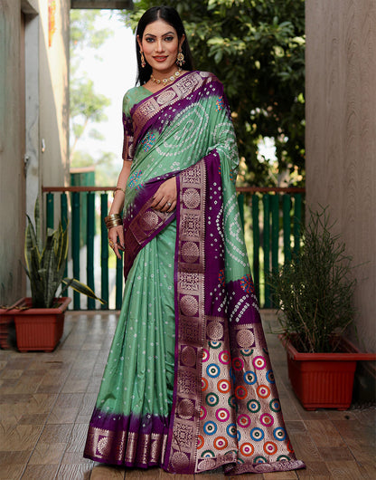 Turquoise Green & Wine Hand Bandhej Bandhani Saree With Weaving Border