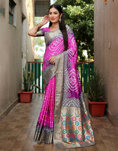 Pink & Grey Hand Bandhej Bandhani Saree With Weaving Border