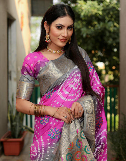 Pink & Grey Hand Bandhej Bandhani Saree With Weaving Border