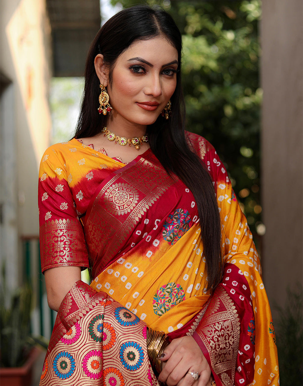 Red & Yellow Hand Bandhej Bandhani Saree With Weaving Border