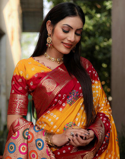 Red & Yellow Hand Bandhej Bandhani Saree With Weaving Border