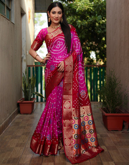 Red & Pink Hand Bandhej Bandhani Saree With Weaving Border