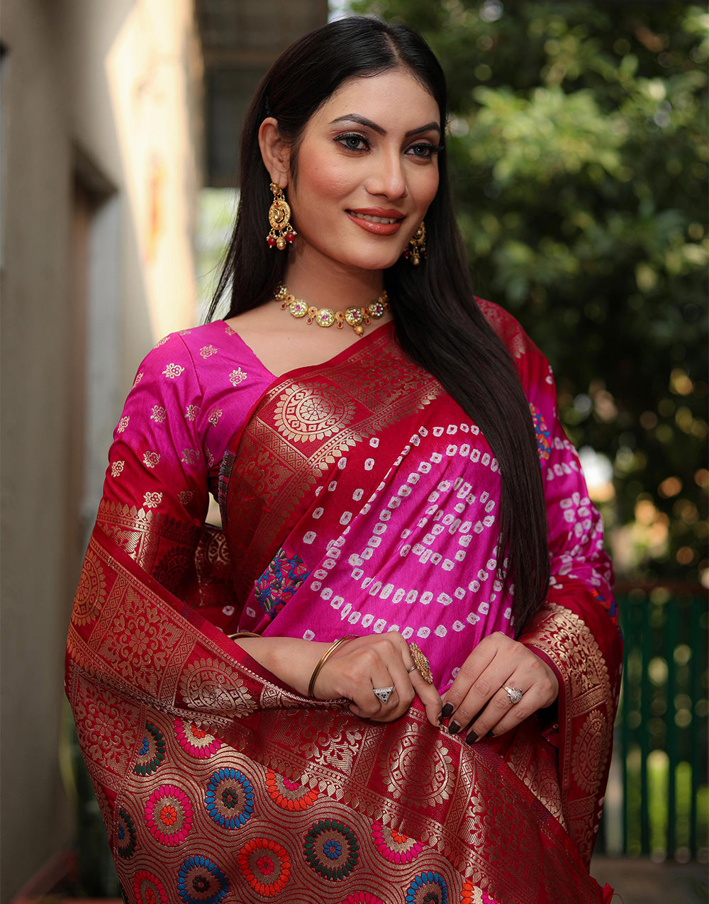 Red & Pink Hand Bandhej Bandhani Saree With Weaving Border