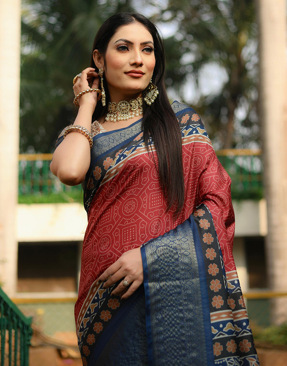 Blue & Red Dola Silk With Digital Printed Saree