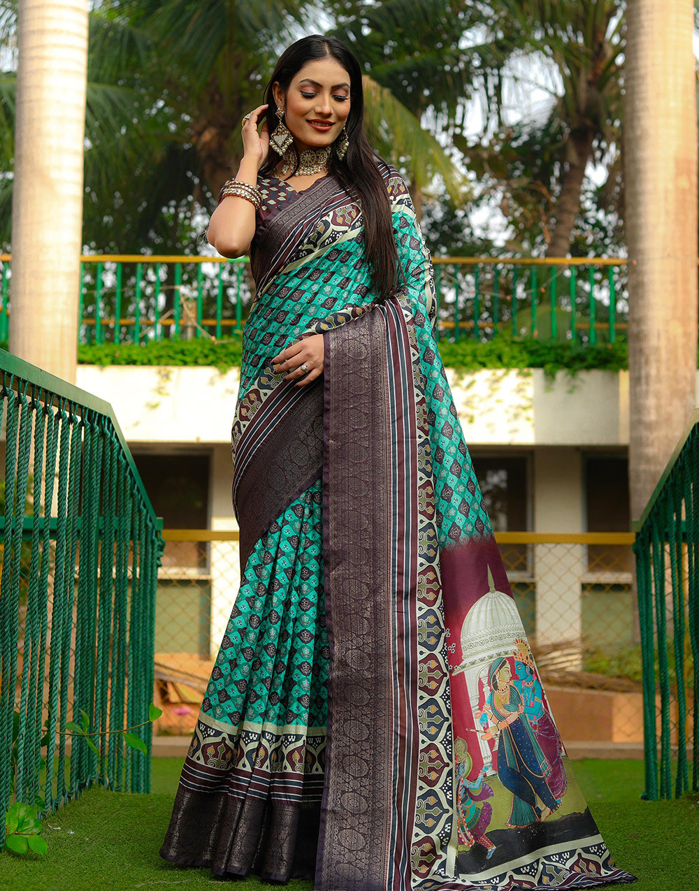 Brown & Green Dola Silk With Digital Printed Saree