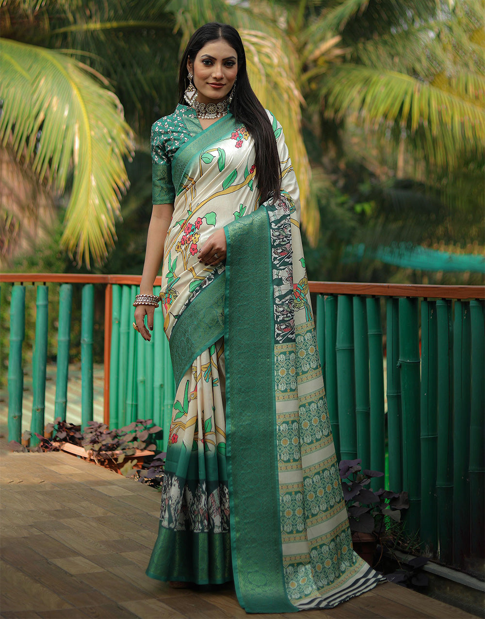 Off-White & Green Dola Silk With Digital Printed Saree