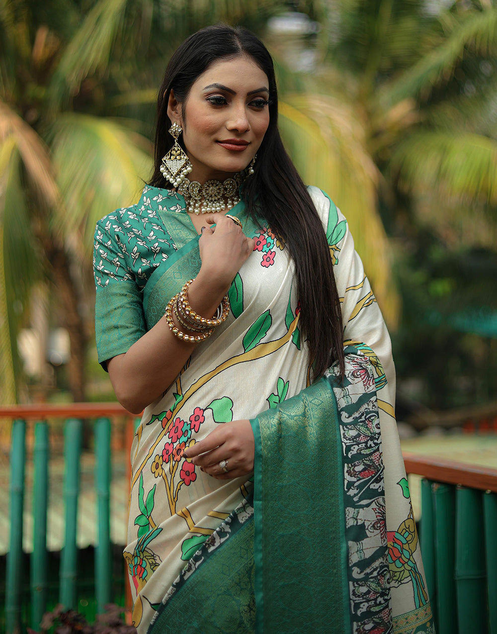Off-White & Green Dola Silk With Digital Printed Saree