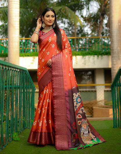 Tiger Orange Dola Silk With Digital Printed Saree