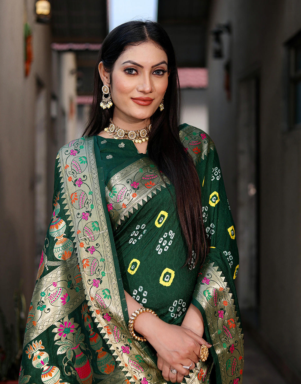 Dark Green Bandhani Saree With Weaving Border