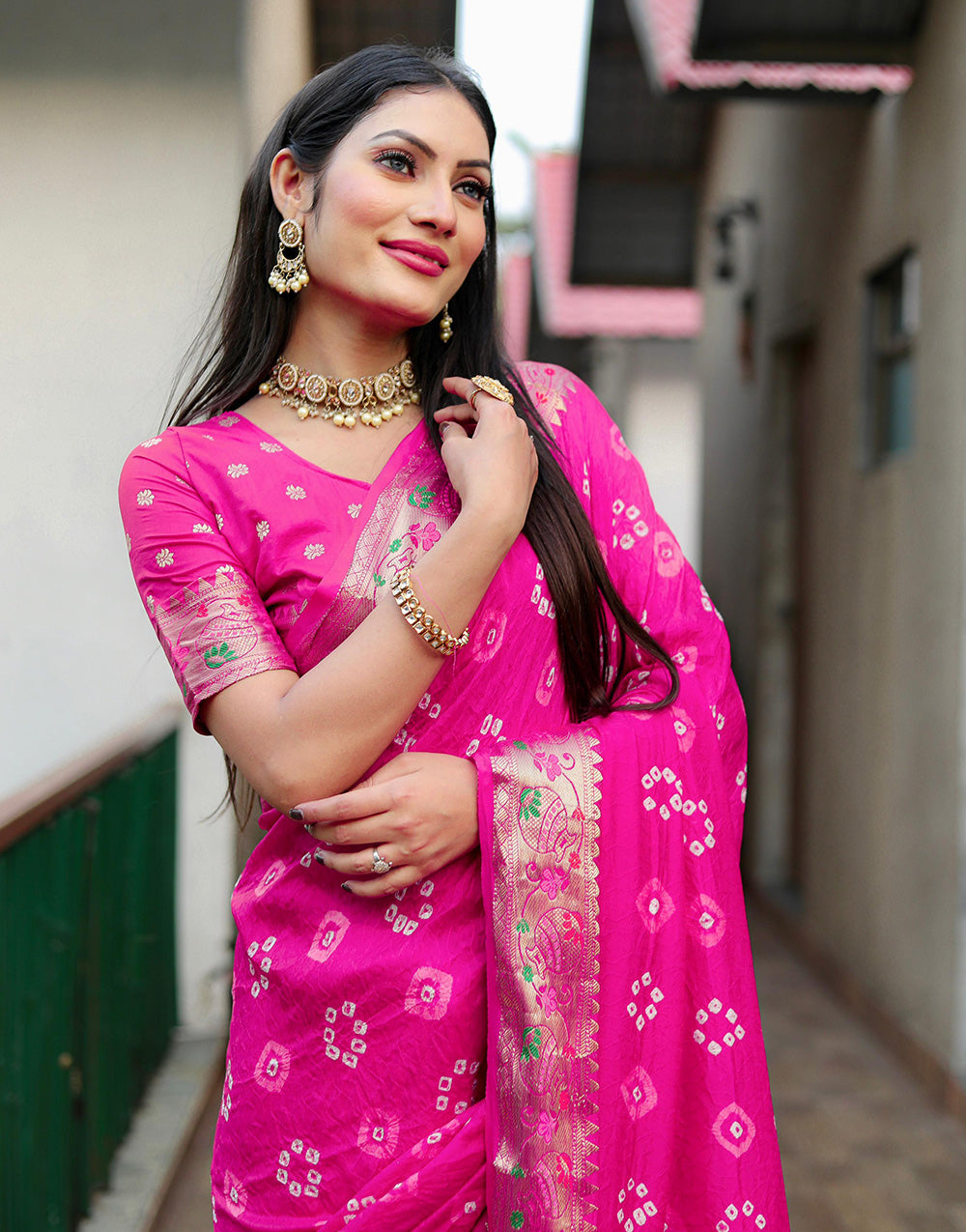 Rani Pink Bandhani Saree With Weaving Border