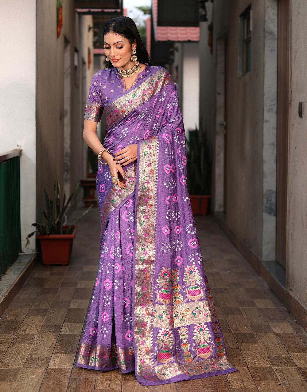 Iris Purple Bandhani Saree With Weaving Border