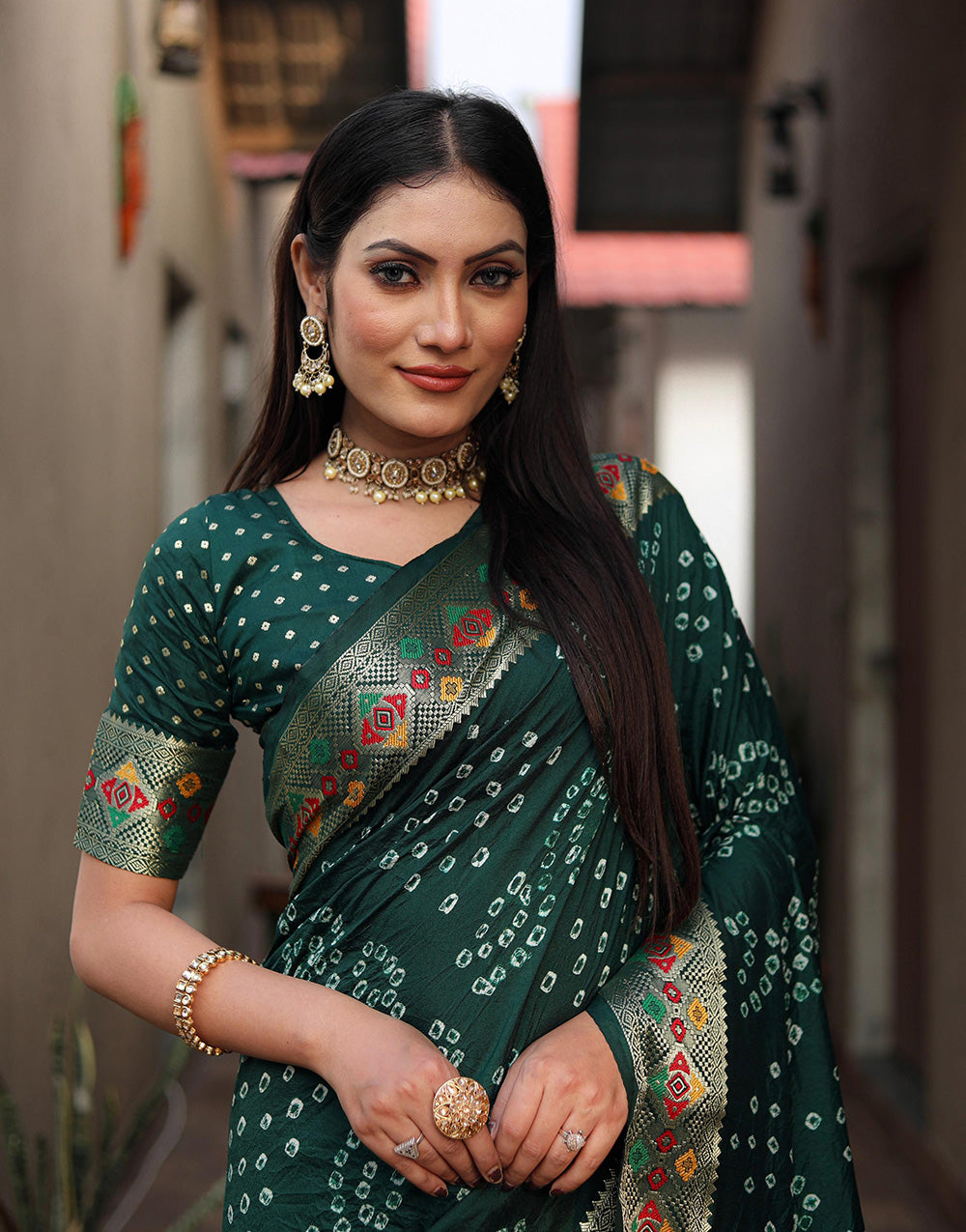 Dark Green Hand Bandhej Paithani Silk Saree With Weaving Work