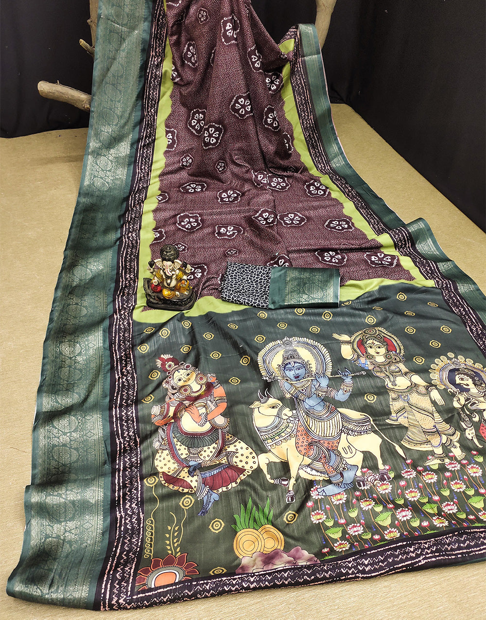 Hunter Green Dola Silk With Kalamkari Printed & Weaving Border