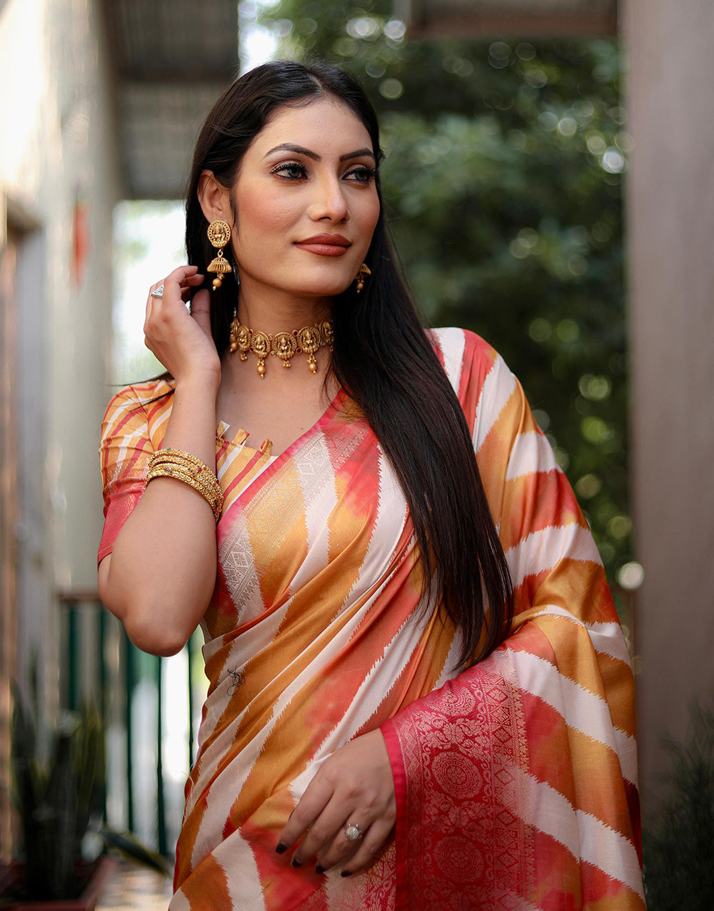Orange Dola Silk Saree With Printed & Weaving Border