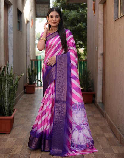 Pink & Purple Dola Silk Saree With Printed & Weaving Border