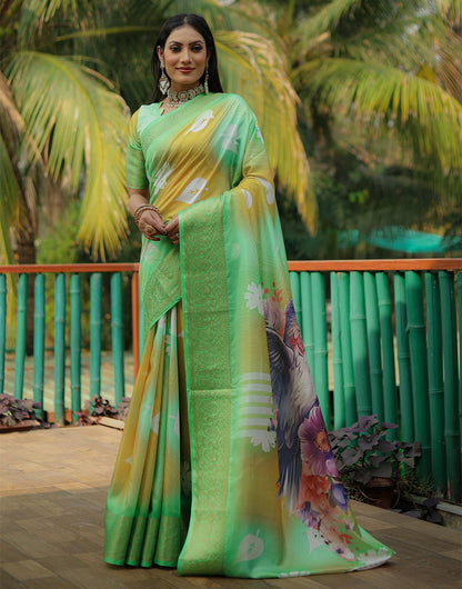 Light Green Dola Silk Saree With Printed & Weaving Border