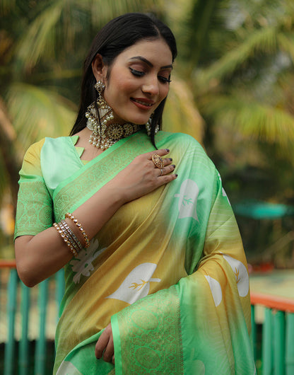 Light Green Dola Silk Saree With Printed & Weaving Border