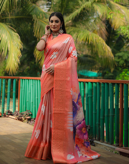 Peach Dola Silk Saree With Printed & Weaving Border