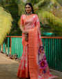 Peach Dola Silk Saree With Printed & Weaving Border