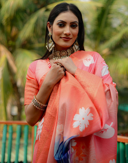 Peach Dola Silk Saree With Printed & Weaving Border