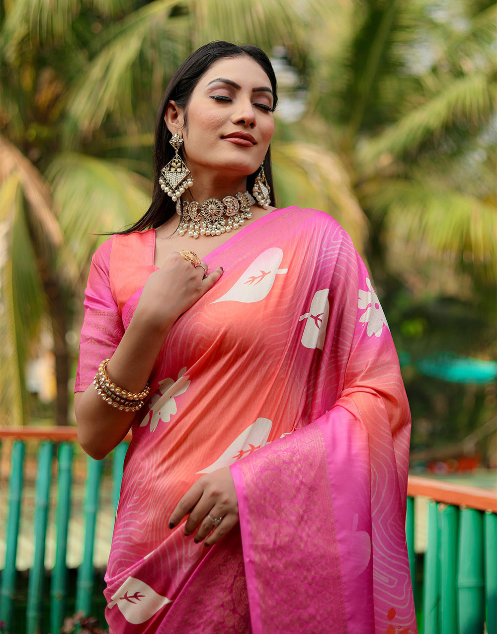 Pink Dola Silk Saree With Printed & Weaving Border