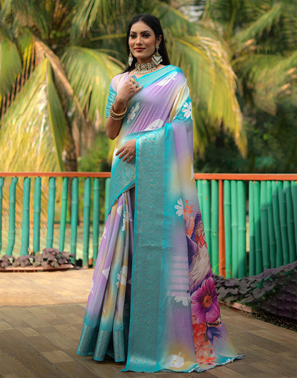 Cyan Blue Dola Silk Saree With Printed & Weaving Border