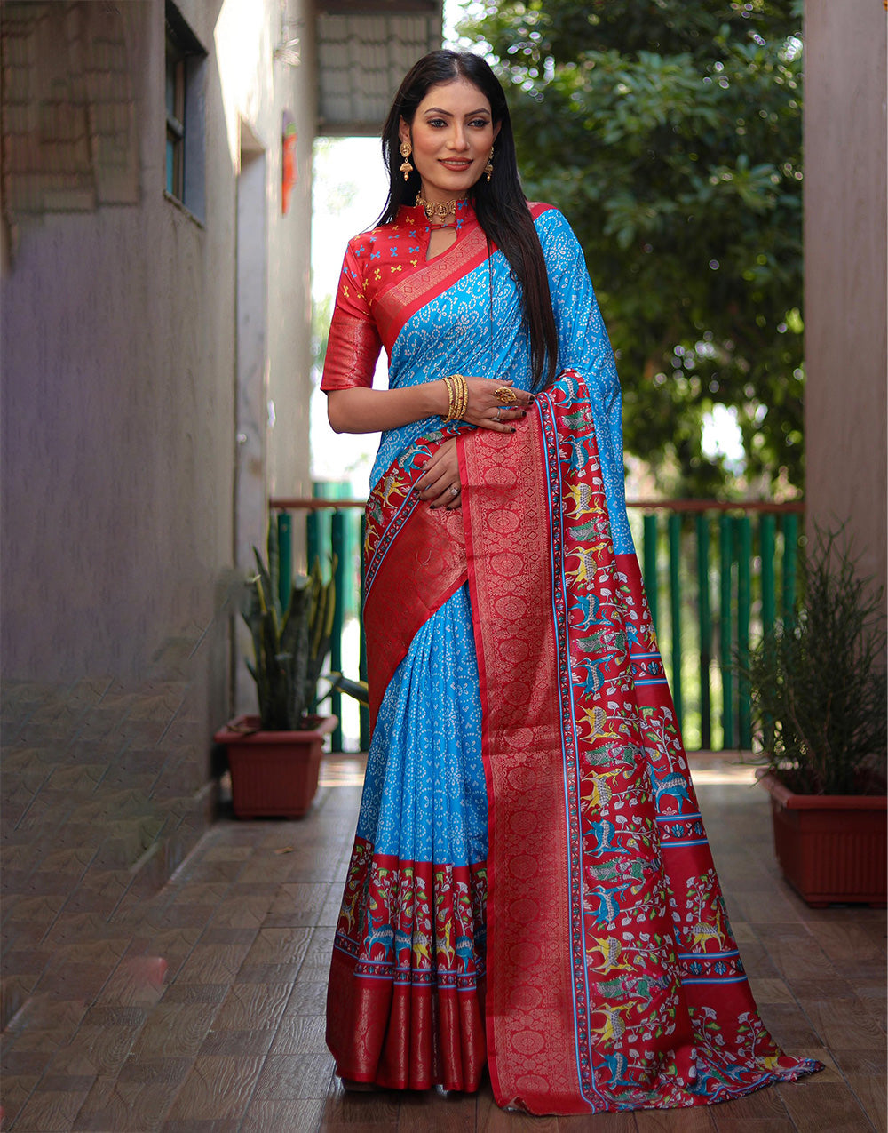 Cerulean Blue & Red Dola Silk Saree With Kalamkari Digital Printed