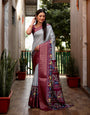 Grey & Wine Dola Silk Saree With Kalamkari Digital Printed