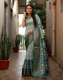 Light Blue & Green Dola Silk Saree With Kalamkari Digital Printed