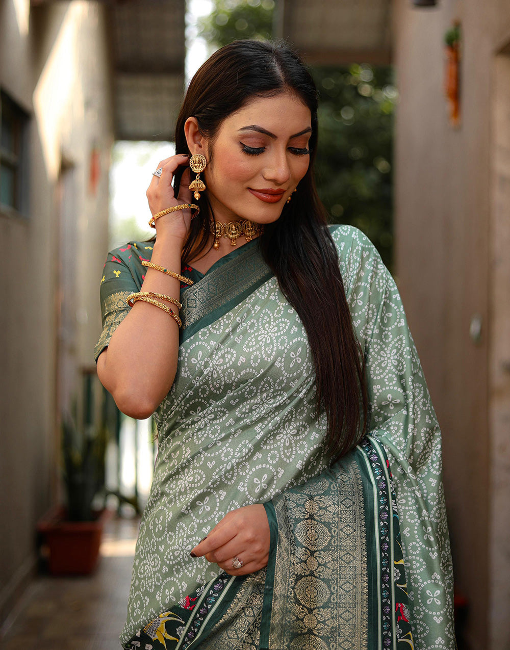 Light Blue & Green Dola Silk Saree With Kalamkari Digital Printed