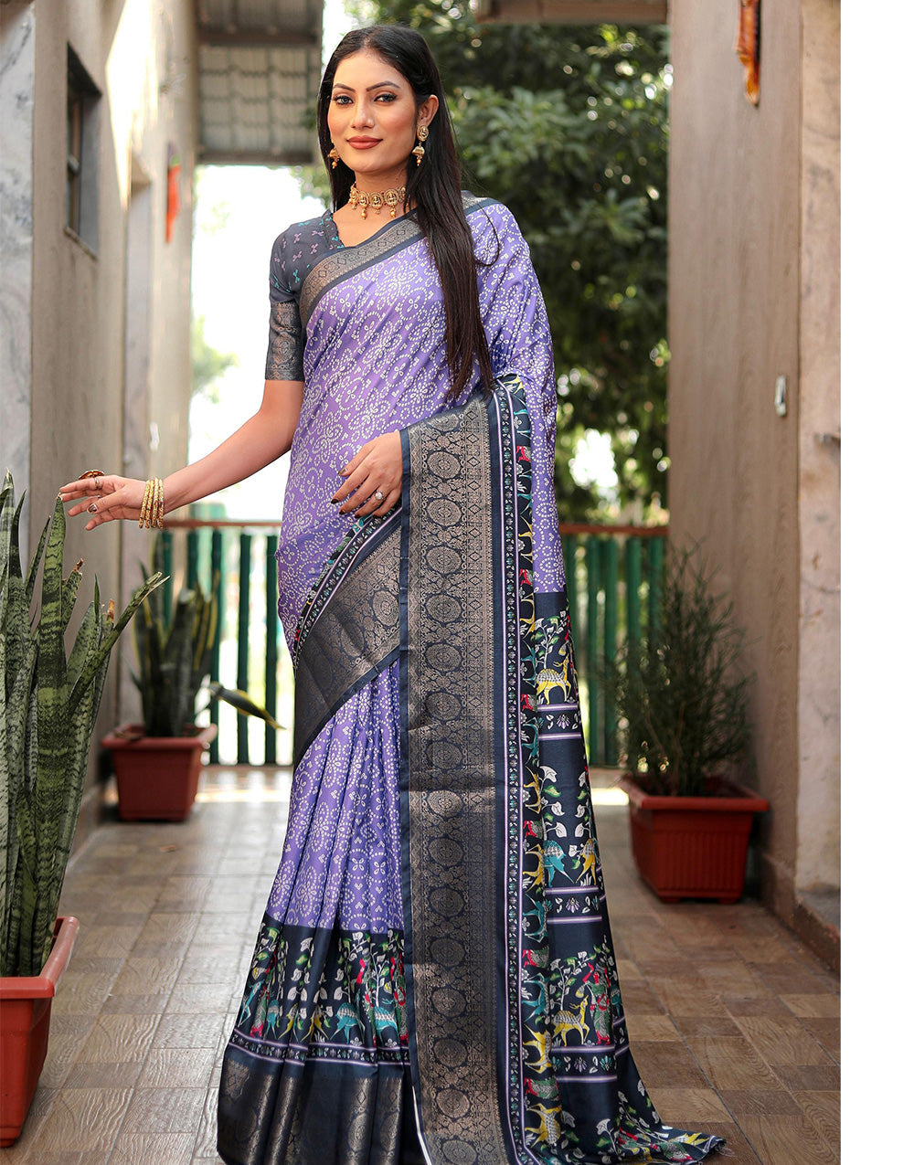 Purple & Dark Blue Dola Silk Saree With Kalamkari Digital Printed