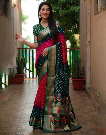 Green & Pink Hand Bandhej Bandhani Saree With Weaving Work