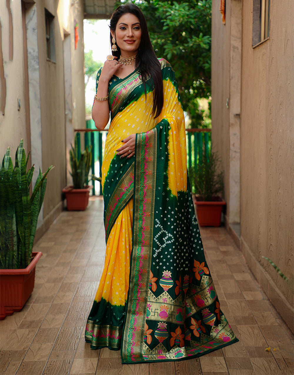 Green & Yellow Hand Bandhej Bandhani Saree With Weaving Work