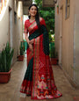 Red & Dark Green Hand Bandhej Bandhani Saree With Weaving Work