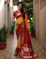 Red & Tangerine Orange Hand Bandhej Bandhani Saree With Weaving Work