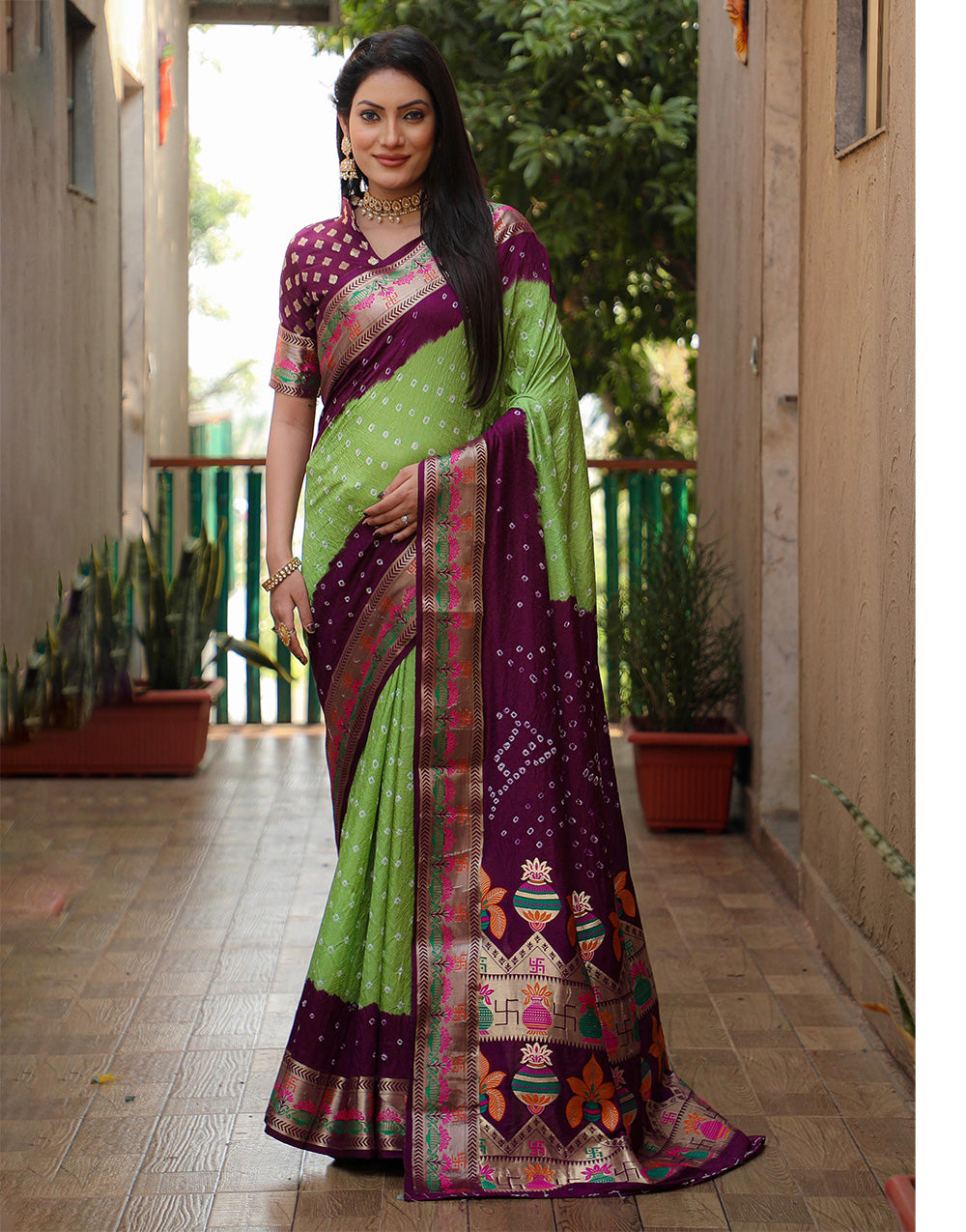 Wine & Green Hand Bandhej Bandhani Saree With Weaving Work