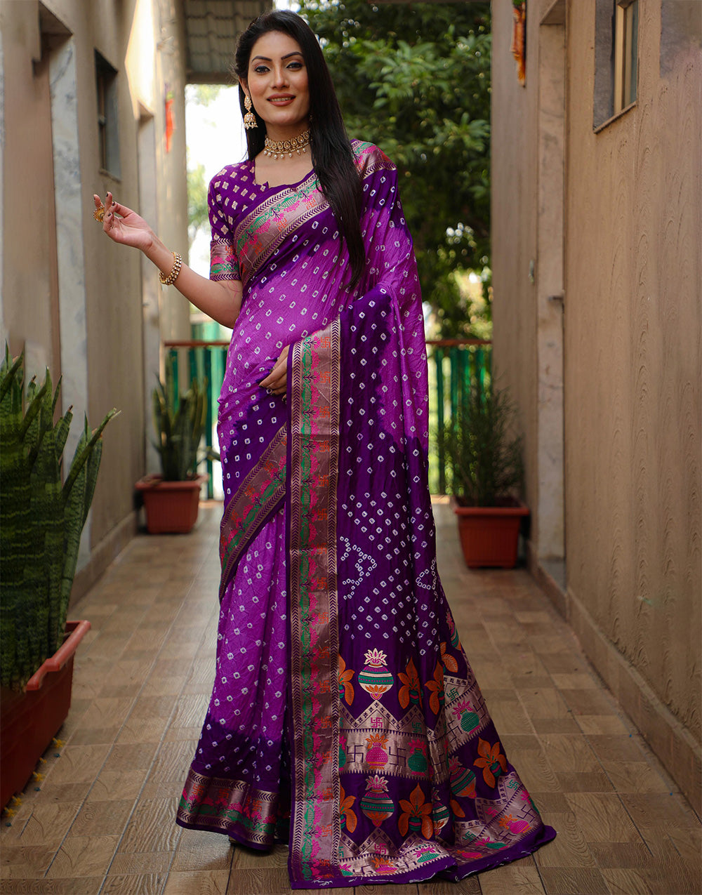 Purple Hand Bandhej Bandhani Saree With Weaving Work