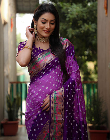 Purple Hand Bandhej Bandhani Saree With Weaving Work