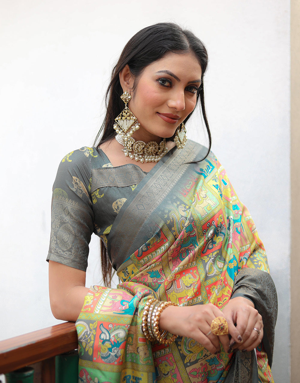 Yellow & Grey Dola Silk With Kalamkari Printed Saree