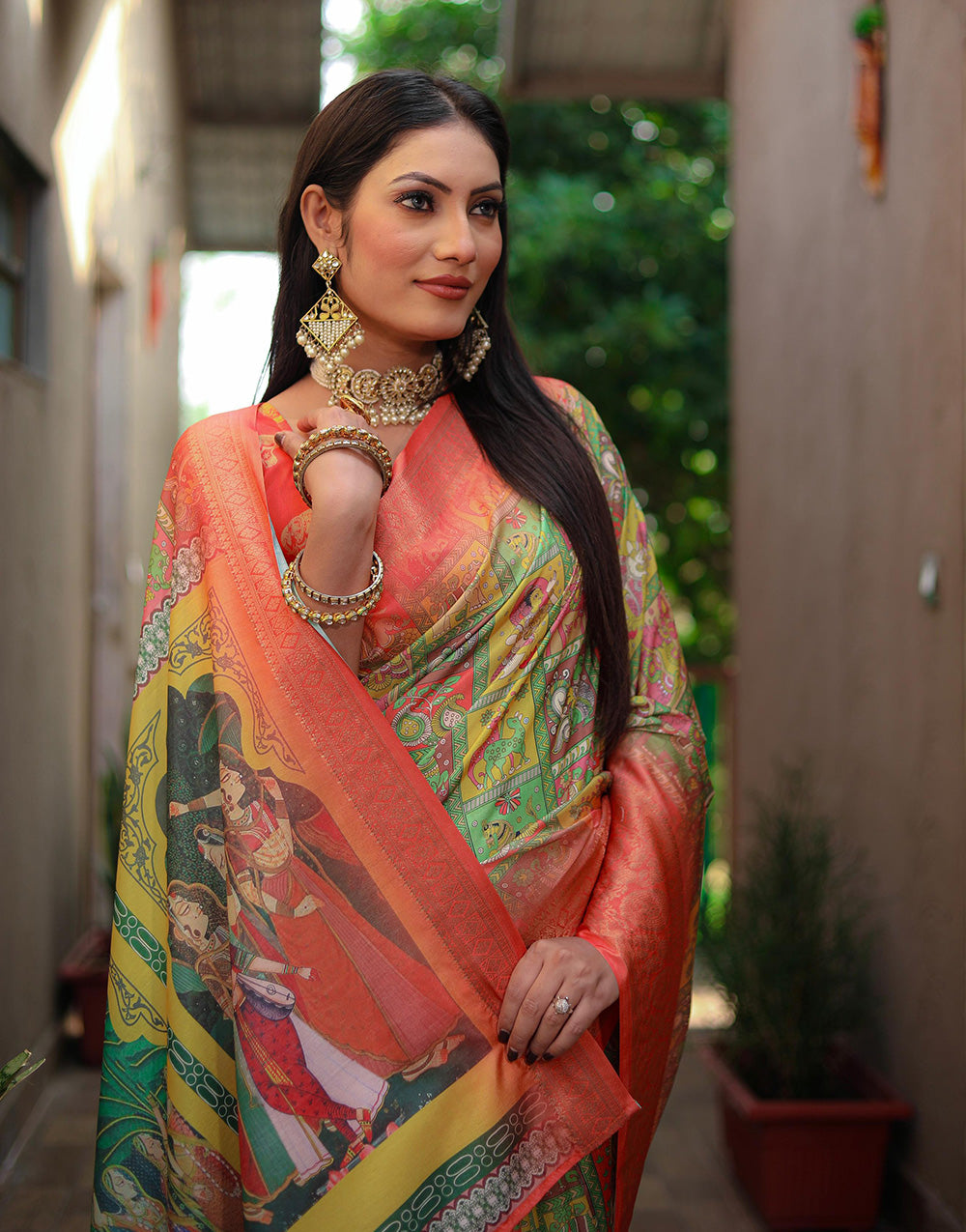 Yellow & Peach Dola Silk With Kalamkari Printed Saree